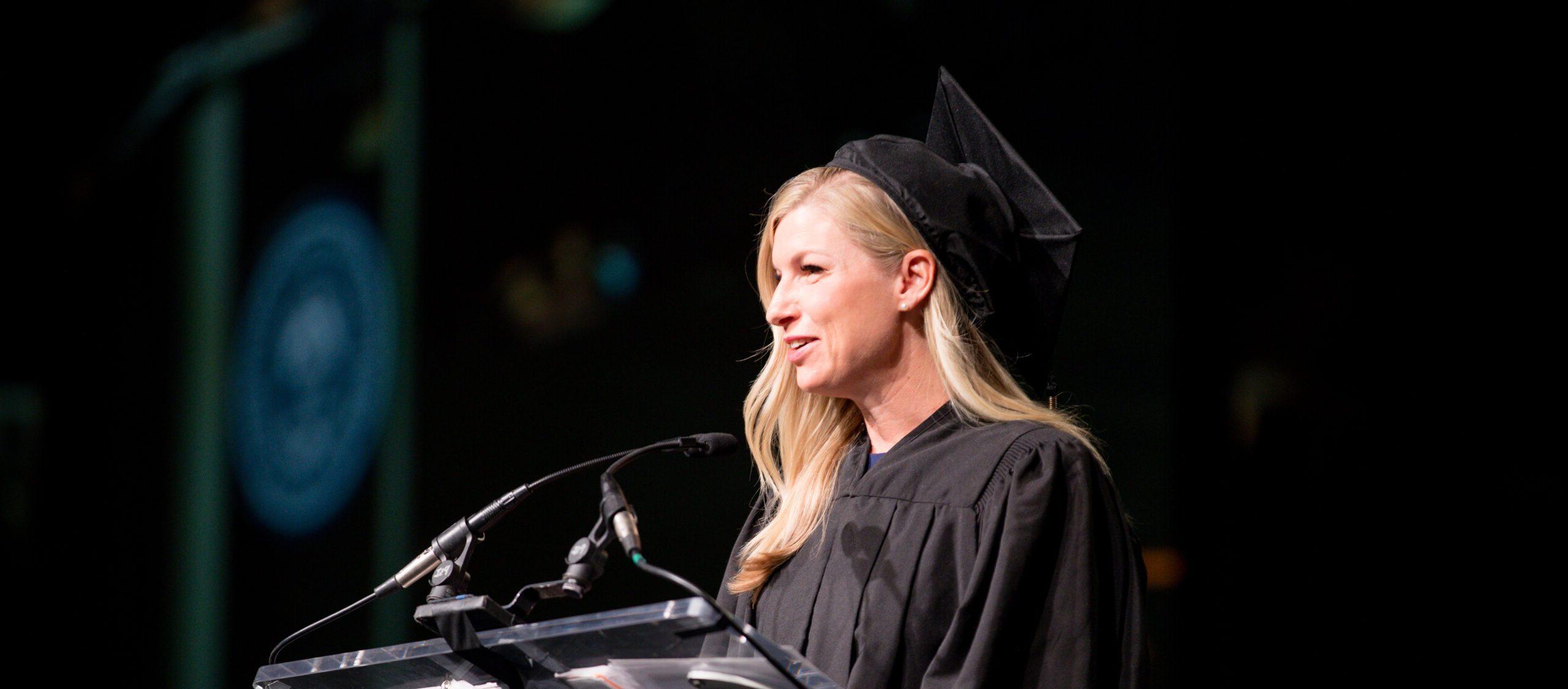 Commencement Keynotes Speaker, Brittany Pettersen, U.S. Rep. for Colorado's 7th Congressional District, addressing students while at Commencement.